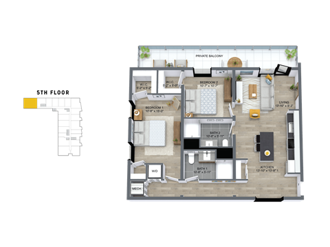Floor plan for 2 beds, 2 baths, 1107 sqft